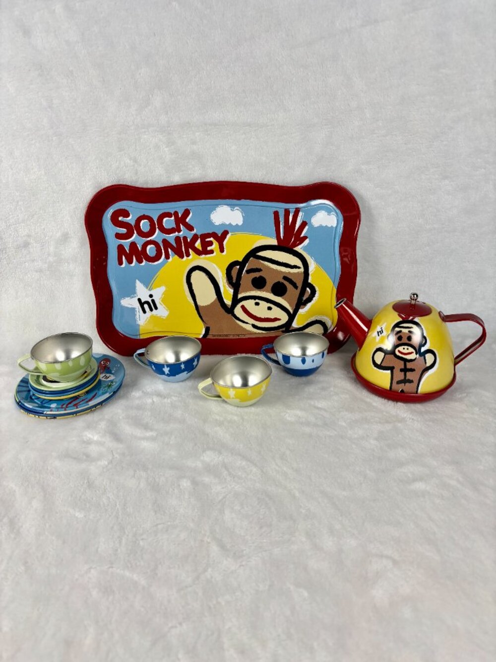 Schylling Sock Monkey Tea Set Complete 2009 Tin 15pc EUC